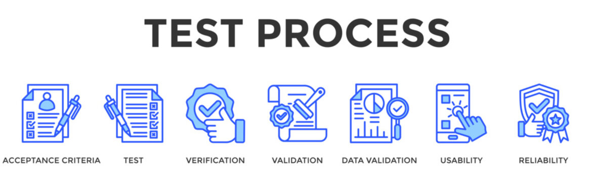 Test Process  Banner Web  Icon Set Collection Pack Vector Illustration Concept Containing Acceptance Criteria, Test, Verification, Validation, Data Validation, Usability, Reliability