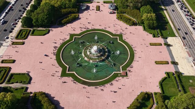 Drone Shot of Clarence F. Buckingham Memorial Fountain, Landmark of Chicago USA and Millennium Park