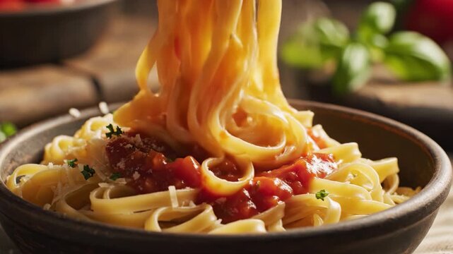 Pasta tomato sauce grated cheese parsley bowl Italian food close up delicious dinner meal traditional herbs fresh gourmet tasty eating healthy organic cuisine fork lifting noodles rich melted cheese