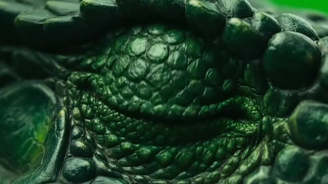 Close up of a fearsome green dragon eye with fiery reflection.