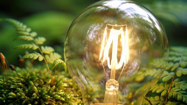 Extreme close-up of a vintage led filament light bulb in dewy emerald moss and fern leaves, deep forest green bokeh. Flashes white, dims to soft amber, highlighting an innovative eco-conscious design.