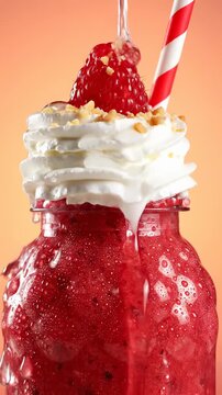 Delicious raspberry smoothie in vertical jar. Creamy whipped topping and fresh raspberry create vibrant summer drink. Refreshing beverage served with striped straw. Perfect for summer parties.