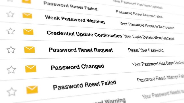 Digital email interface scrolling through critical account security notifications for password resets and credential updates in this dynamic motion graphics animation video clip