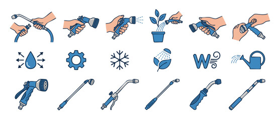 Garden Watering Hose Spray Nozzle Icons Set for Irrigation and Plant Care. Professional handheld lawn sprinkler heads, adjustable water sprayers, gardening tools collection, isolated vector illustrati © Fernando
