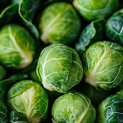 Obraz premium Vibrant Close-Up of Fresh Brussels Sprouts with Layered Leaves, Trimmed Stems, and Studio Lighting