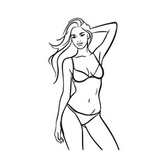 Vacaciones de verano. Logotipo con dibujo con líneas de una mujer sexy con bikini, posando de pie con la mano en la cabeza  © teracreonte
