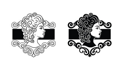 Profile portrait of woman with curly hair inside ornate floral frame vector graphic in outline and solid black silhouette styles for beauty salon branding and elegant feminine design projects © Elevate