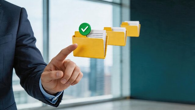 Businessman selecting digital folders with green checkmark document organization data management cloud storage solutions file categorization office workspace background modern
