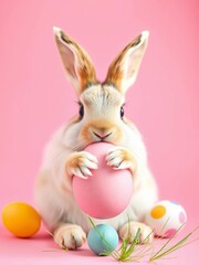 Fototapeta premium Soft-focus bunny grasping pink Easter egg on bright pink background, graphics, spring
