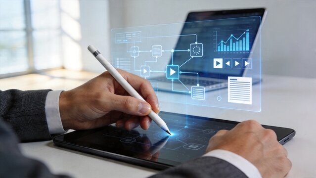 Businessman using digital tablet and stylus pen for advanced technology workflow holographic interface displaying data analytics chart graph and software process diagrams on