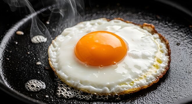 Close-up of a sunny side up fried egg cooking in a pan with visible oil bubbles and rich texture