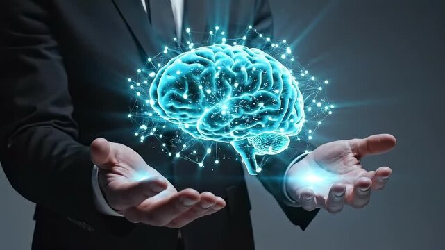 Businessman holding glowing digital brain hologram representing artificial intelligence