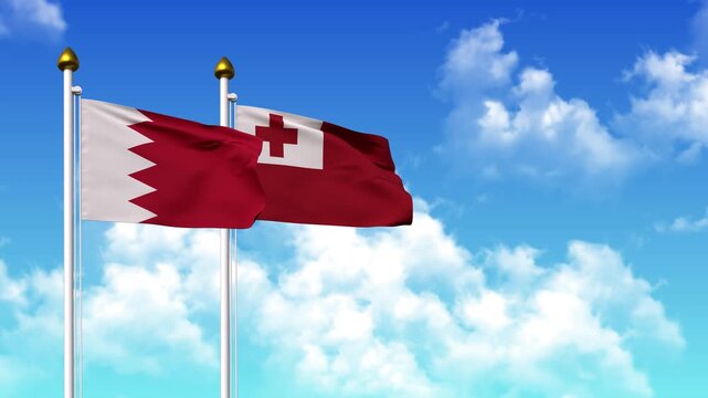 Waving flags of BAHRAIN and TONGA on pole included with alpha
