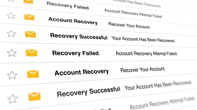 Digital email interface showing account recovery status notifications with scrolling motion and list view in this professional technology system animation motion clip