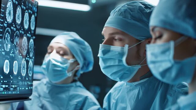 Surgeons examine magnetic resonance imaging scans to discuss patient diagnosis and treatment options in a modern medical facility