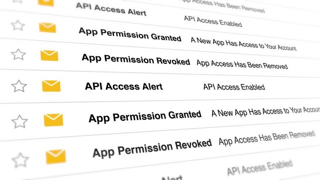 Digital email notifications showing app permission status updates scroll across this modern touchscreen interface in a smooth motion graphic video animation clip