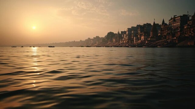 Sunrise over the Ganges river with ancient temple ghats in Varanasi India at dawn.