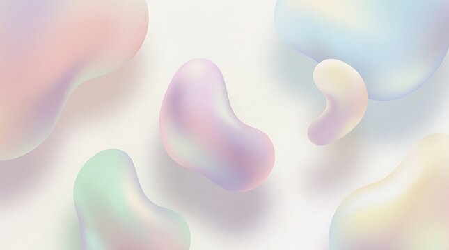 Dreamy abstract background with floating 3D liquid forms in soft, iridescent pastel gradients, creating a minimal, gentle, and serene aesthetic.