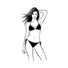 Vacaciones de verano. Logotipo con dibujo con líneas de una mujer sexy con bikini decorado con lazos, posando de pie con la mano en la cabeza  © teracreonte