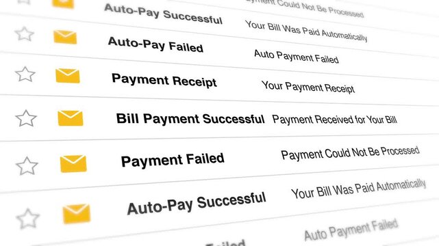 Automated payment notification email interface scrolling in this dynamic motion video clip capturing digital financial transaction status updates for modern web users