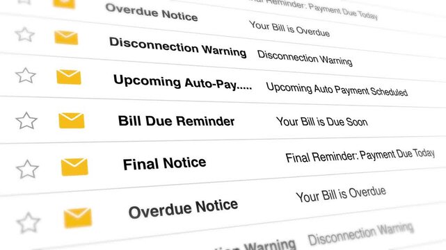 Digital email interface displaying financial payment notifications and urgent bill reminders in this scrolling motion graphic animation for financial technology video content