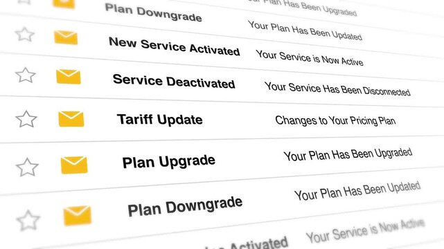 Email list interface shows subscription status updates on a digital display featuring scrolling motion as an animated user interaction software video clip