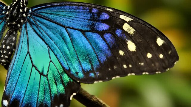 Closeup of a stunning blue and green butterfly wing with intricate patterns.