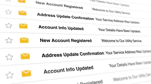 Email inbox interface displays multiple unread notifications and account update alerts for users in this motion graphics style digital animation video clip