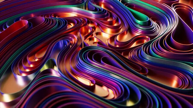 Colorful, iridescent metallic ribbons elegantly flowing and waving in a mesmerizing, seamless loop, creating a sophisticated and dynamic abstract background with warm, glowing light reflections