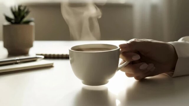 Person holding coffee cup at modern office desk