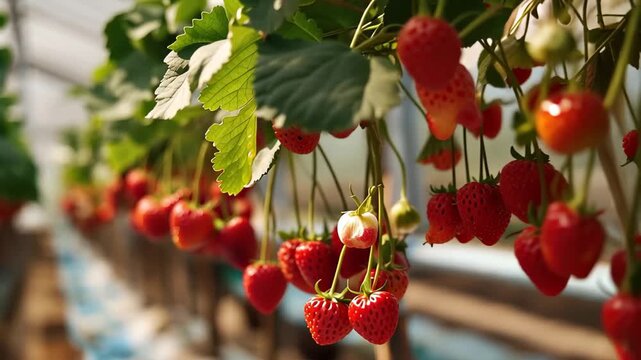 Indoor hydroponics row plantation featuring vibrant strawberries growing in a controlled environment with ample light in the background