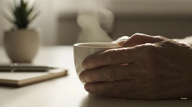 Person holding white coffee cup at modern office desk