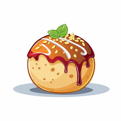 Cartoon illustration of a sweet pastry with chocolate glaze and mint leaf © gres
