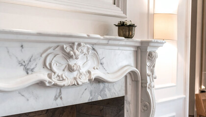 Obraz premium Elegant white marble fireplace featuring intricate floral carvings and classic style. A symbol of luxury home decor, perfect for premium interior design and architectural marketing projects.