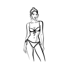 Vacaciones de verano. Logotipo con dibujo con líneas de una mujer sexy con bikini decorado con lazos, posando de pie  © teracreonte