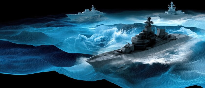 Three battleships navigate a dark blue ocean in a wireframe style with glowing details and crashing waves under a blue sky