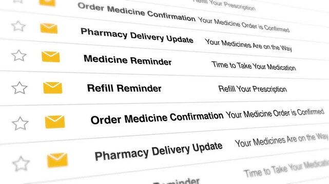 Email inbox interface displays various pharmacy notifications and medicine refill reminders in this scrolling digital video animation for healthcare app user experience