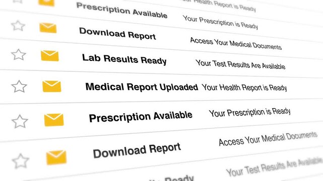 Digital medical email notification list scrolling in a seamless motion animation displaying lab results and prescription updates for patients on mobile video