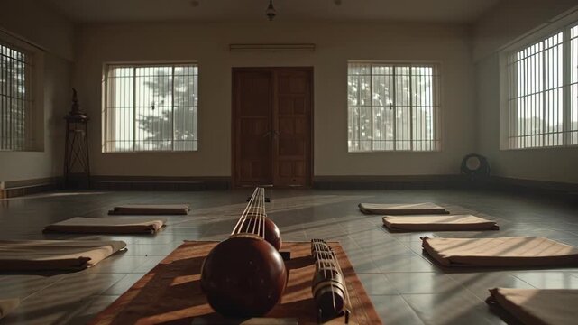 Tanpura instrument set on mat inside a quiet Indian meditation hall