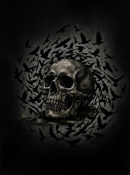 Creepy human skull surrounded by a swirling flock of black ravens.