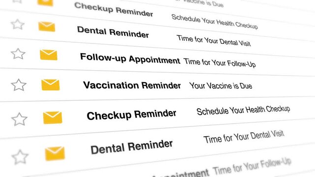 Digital email interface showing medical appointment alerts and vaccination reminders in this scrolling animation clip for modern health management mobile video footage