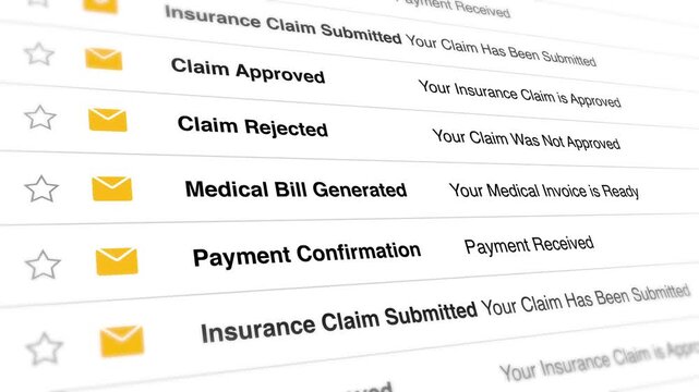 Medical insurance email notification list showing various claims and payment status updates moving across the screen in this digital motion animation video