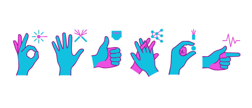 Hands Gestures Set with Technology Icons, Communication and Connectivity Symbols, Modern Flat Graphic Design Elements for Digital Business Infographics and Technical UI, Creative Vector Illustration S