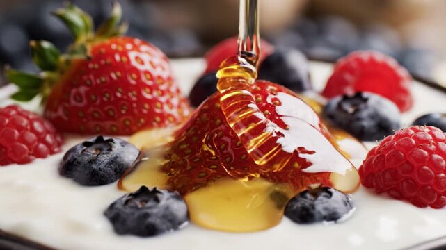 Fresh ripe strawberry blueberry raspberry yogurt with creamy honey drizzle close up sweet natural healthy breakfast vibrant berries delicious creamy texture treat