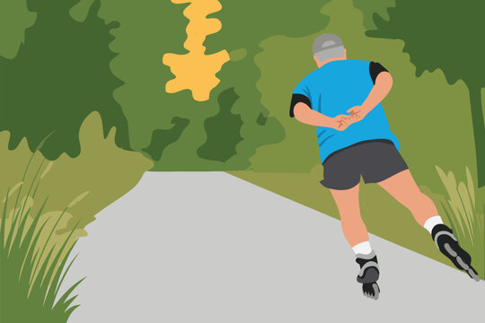 Senior man rollerblading on a paved path through a sunny green park landscape.