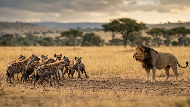 A male lion confronts a pack of hyenas.
