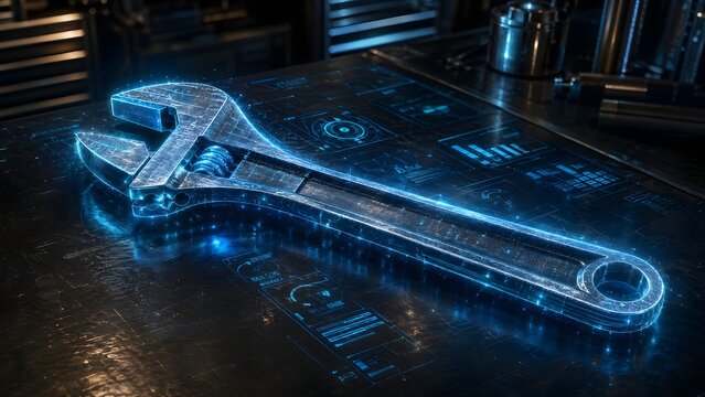 A futuristic glowing adjustable wrench lies on a digital workbench with blueprints and tools in a dark industrial workshop