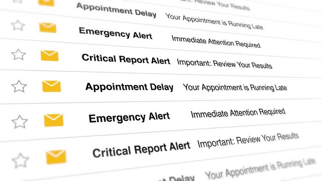 Emergency alerts and urgent appointment delay notifications scroll through a digital email inbox interface in this high resolution motion graphics animation clip