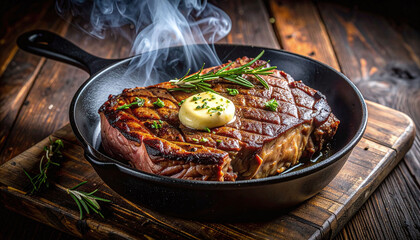 Fototapeta premium Savor the aroma of a sizzling gourmet steak in a cast iron skillet, topped with melting herb butter and rosemary. This highend culinary shot is perfect for menus and food marketing.
