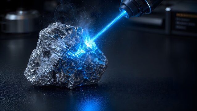 A laser cuts through a large crystal on a dark table in a lab setting.
